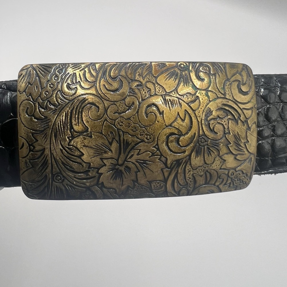 Italian Alligator Calfskin‎ Leather Dress Belt 36/90 Black Floral Brass Buckle